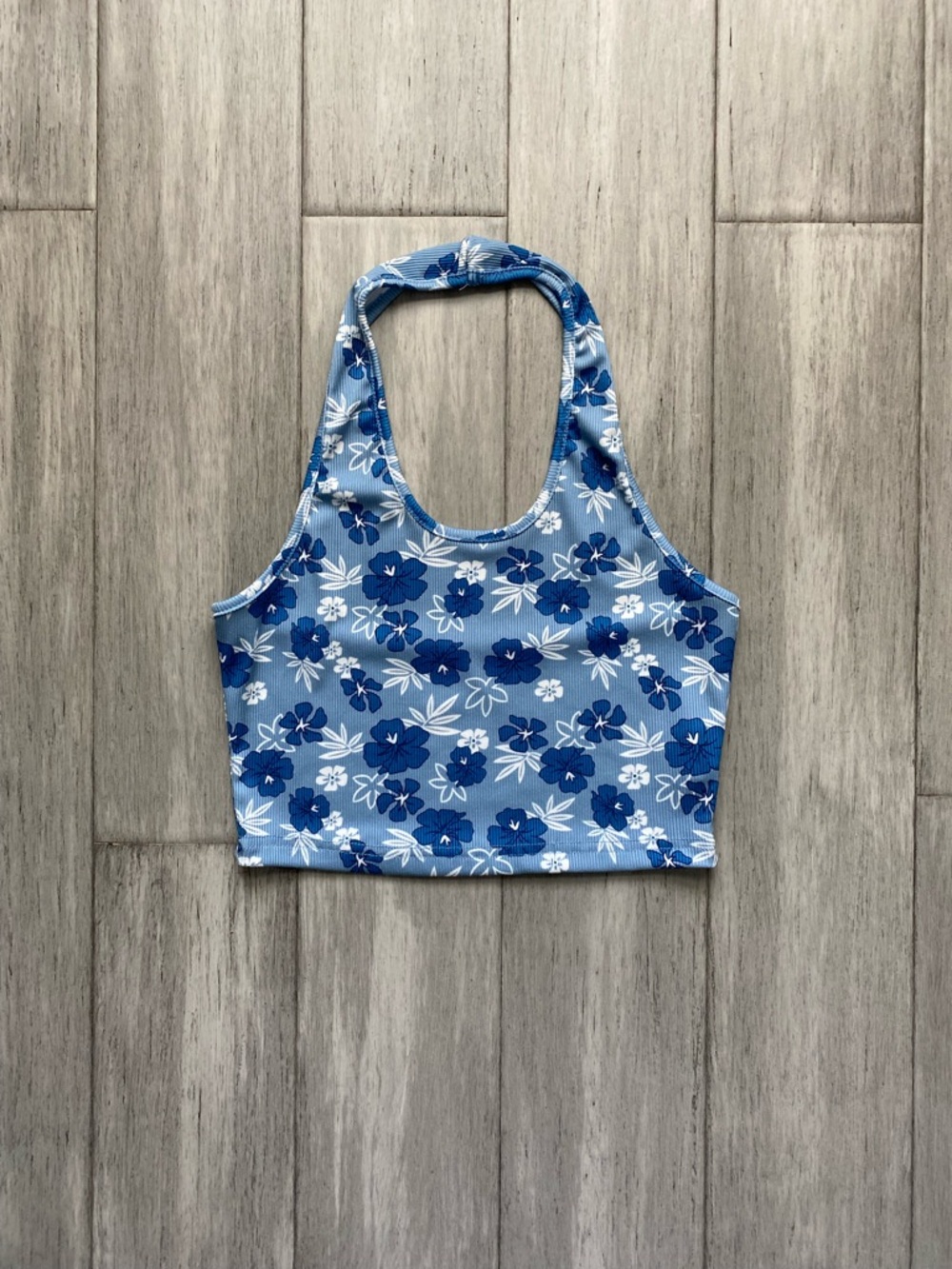 Womens Tropical Halter Floral Top Blue and White Summer Cropped Tank